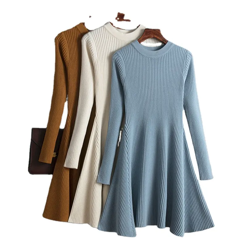 New Trendy Autumn Winter Women Clothing Sweater Dress Long Sleeve High Quality Midi Bodycon Wool Blends Knitted Dresses