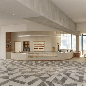 <span class=keywords><strong>Comptoir</strong></span> de <span class=keywords><strong>service</strong></span> de boulangerie incurvé avec vitrine en verre et rangement ouvert, station de bar commerciale au look béton moderne - Product Image 1