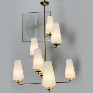 โคมไฟระย้าทรงกรวยสำหรับโรงแรม โคมไฟห้อยเพดาน 8 ดวง ทำจากผ้าลินินและโลหะ สไตล์เรียบง่าย สีทองเหลือง ผลิตในจีน - Product Image 1