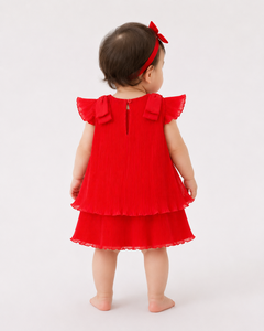Elegant Baby Girls' Pleated <b>Dress</b> with Tiered Layers, Flutter Sleeves, and Decorative Shoulder Bows for Special Occasions - Product Image 2