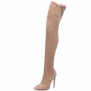 High-end Ladies High Heel Over Knee Rivets Stud Boots Pull on Thigh High Boots Women Suede Stretch Stiletto <b>Shoes</b> Long Boots - Product Image 2