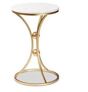 Table d'appoint ronde de style moderne, blanche et dorée, table d'appoint circulaire en bois brun rustique, table d'appoint pour lampes et snacks pour le salon - Product Image 2