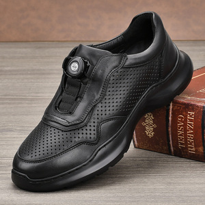 Men's Leather Walking Shoes <b>Round</b> <b>Toe</b> Breathable Mesh Lining Rubber Outsole Low <b>Heel</b> Automatic Buckle Comfort Casual Shoes - Product Image 1