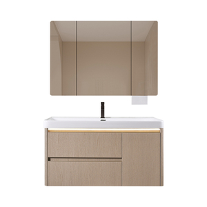 Meuble de salle de bain mural moderne de luxe en chêne laqué, résistant à l'eau, avec miroir LED intégré et vasque en céramique, en MDF intelligent - Product Image 6