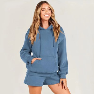 <b>Women's</b> <b>Blue</b> <b>Fleece</b> Hooded Sweatshirt Shorts Set Casual Loose Fit Solid Color Two Piece Outfit All Seasons Wear 100% Cotton - Product Image 1