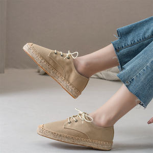 Zapatos planos beige para mujer, zapatos de lona con punta cerrada, alpargatas con cordones de tela, plataforma trenzada, calzado informal de verano - Product Image 3