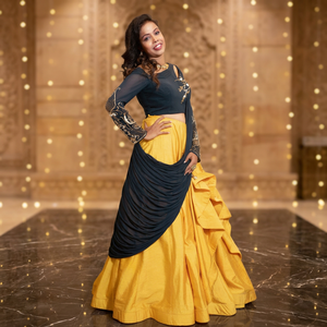 Elegante Conjunto de 2 Piezas para Mujer, Lehenga Choli Amarillo/Azul con Top Bordado de Manga Larga y Cuello Redondo, para Primavera/Verano - Product Image 6