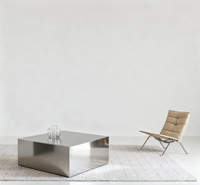 Table basse italienne durable et minimaliste en acier inoxydable massif, finition brossée mate, écologique, facile à nettoyer, pour un intérieur moderne