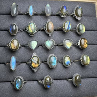 Anneaux en pierre de guérison en cristal de haute qualité, polis, couleur vive, labradorite, argent 925, pour cadeau