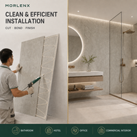 Panneau mural décoratif SPC MORLENX en texture marbre taupe, imperméable, pour réception, villa, aménagement intérieur