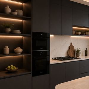 Meubles <span class=keywords><strong>de</strong></span> cuisine laqués en anthracite foncé avec îlot incurvé et niches éclairées chaleureusement illuminées - Product Image 5