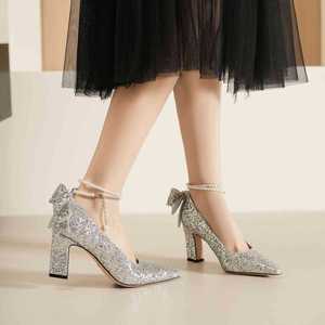 Pointed Toe Ankle Strap Pumps <b>With</b> <b>Bow</b> Decoration High Heel Bridal <b>Shoes</b> For Wedding Comfortable Block Heel 7188F-177 - Product Image 3