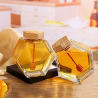 Kustom 100ml 380ml 730ml stoples madu jeli Jam segi enam kaca stoples madu dengan tongkat kaca Jar dengan tutup kayu untuk Madu