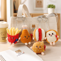 Vente en gros de porte-clés pendentifs en peluche de 10 cm, diverses formes et couleurs, en coton, représentant des frites, des hamburgers, des hot-dogs et des cuisses de poulet, usine OEM