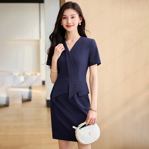 Women's Short Sleeve V Neck Peplum Suit Dress Navy Blue Solid Color Woven Career Workwear Skirt For Jewelry Store Beauty Salon - Product Image 1