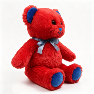 Customized bright <b>red</b> teddy bear, blue accents teddy bear, blue nose and feet bear, blue satin <b>bow</b> teddy bear, fluffy <b>red</b> fur - Product Image 4