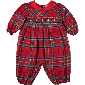 Custom Tartan Red & Green Smocked 100% Cotton Natural Organic Baby Rompers Kids Clothing Baby Clothes