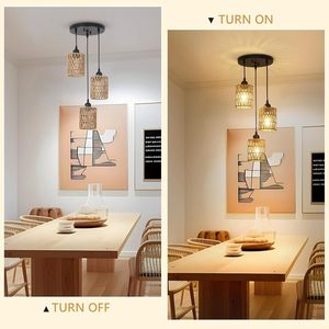 Lustre de plafond LED en fer forgé et rotin tressé, style américain, avec télécommande, garantie 5 ans - Fait main, trois têtes, noir - Product Image 2