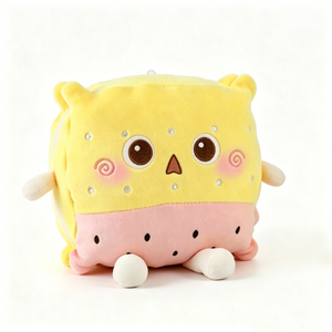 Peluche personnalisée en forme de fromage jaune carré avec petites oreilles d'ours, peluche à deux couches imprimée fromage + jambon rose et pastèque - Product Image 3