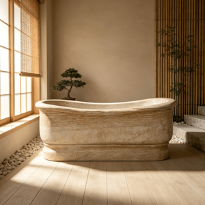 Bañera Independiente de Piedra Arenisca con Acabado Natural de Madera, Bañera Ovalada de Mármol Sólido de Lujo para Decoración de Baños de Hoteles y Villas - Product Image 4