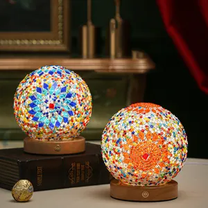 Glazen Mozaïek Tafellamp Met Houten Basis Usb Vintage Led Nachtlampje 3 Kleuren Dimbaar Voor Bed Woonkamer