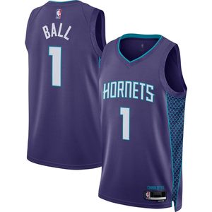 Maillot de basket-ball violet pour jeunes des Charlotte Hornets, édition Statement, modèle Swingman, Ball 1, col en V, anti-humidité - Product Image 1