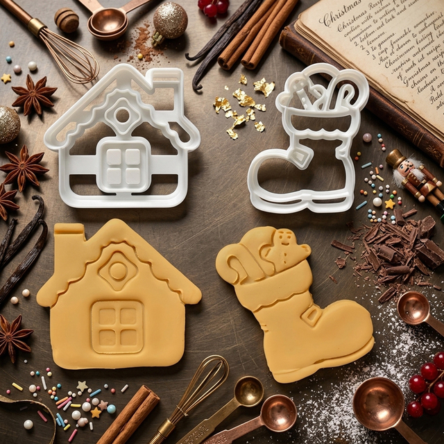 Christmas Gingerbread House Stocking Fondant Icing Biscuit Fondant Embosser Stamper Cookie Cutter Mold,Play Clay Embosser