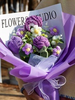 Bouquet de fleurs artificielles éternelles en crochet violet fait main, arrangement de roses tricotées en fil, pour la Saint-Valentin