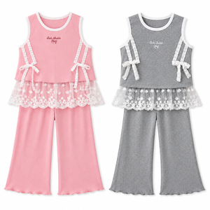 Conjunto de <span class=keywords><strong>Ropa</strong></span> Acanalada para Niñas, Verano 2026, Rosa, Top sin Mangas de Viscosa y Pantalones Acampanados, 2 Piezas, con Dobladillo de Encaje, Estilo Boutique, <span class=keywords><strong>Ropa</strong></span> de Descanso, 3-7 Años, Venta al por Mayor - Product Image 1