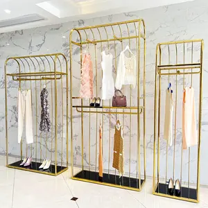 Boutique gold clothing exhibition stand retail clothing display stand rack standing decor clothing rack