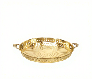 Brass Designer Serving <b>Plate</b> with Handle Handmade Decorative Brass Tray for Dining Kitchen Home Decor - Product Image 1