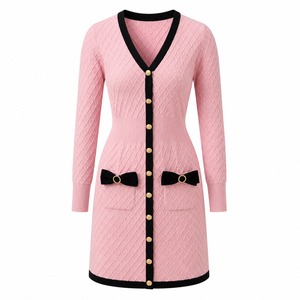 Vestido Maxi de Punto Satinado con Botones y Cuello en V, Color Sólido, Corte A, Cintura Imperio, Antiarrugas, para Mujer, Primavera-Otoño - Product Image 3