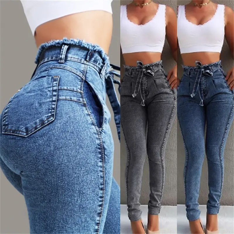 Hoge Taille Jeans Voor Vrouwen Slim Stretch Denim Jean Bodycon Kwastje Riem Bandage Push Up Jeans Vrouw R1423