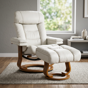Fauteuil inclinable et pivotant relaxant BAS642, design scandinave moderne en cuir et bois, mobilier de Malaisie pour la maison et le bureau - Product Image 3