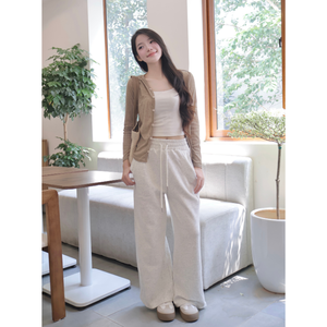 Prix le plus bas Pantalon en molleton à jambe large pour femme avec cordon de serrage Élastique Taille haute-Pantalon en polaire à coupe droite de haute qualité - Product Image 2