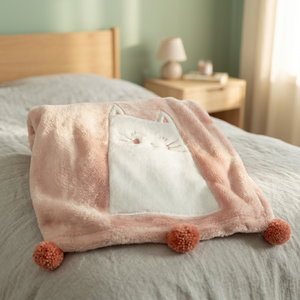Coral Fleece Massage Knitted Hooded Towel with <b>Cat</b> Applique Design Pink Pompoms for Kids Home Use - Product Image 3