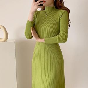 Autunno inverno manica lunga Casual girocollo elasticizzato mezza lunghezza in pile di cotone a coste in Jersey ufficio modesto abito - Product Image 2