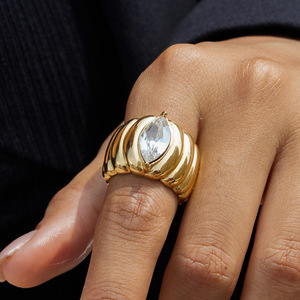 18K Gold <b>Stainless</b> <b>Steel</b> <b>Ring</b> White Marquise Diamond Bezel Setting Ribbed Design Unisex Fashion Jewelry Gift - Product Image 4