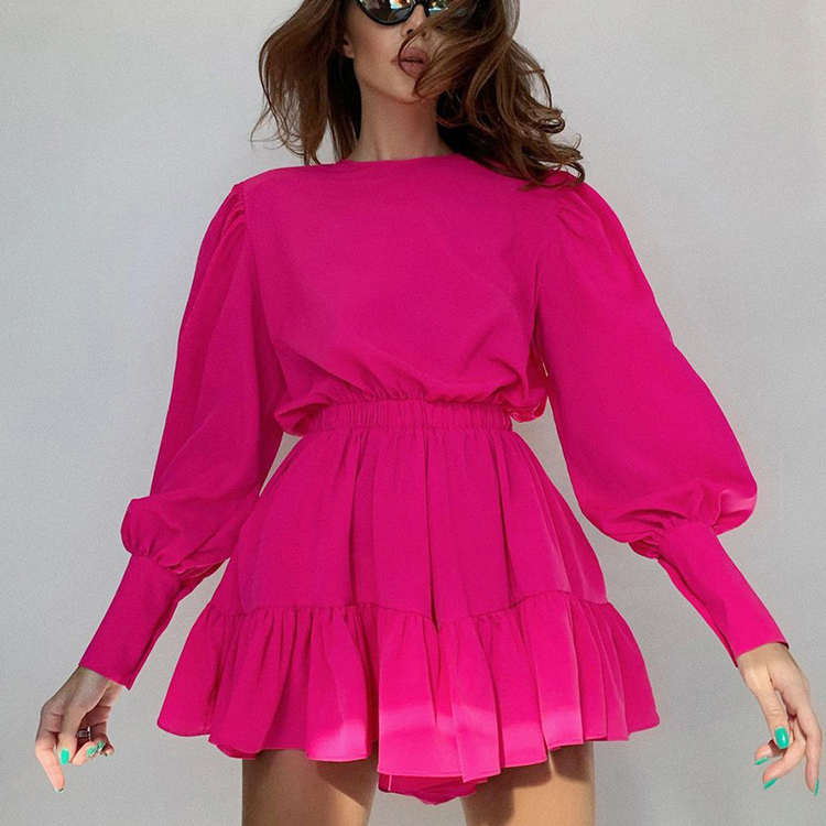 Hot Selling Nieuwe Mode Ropas De Mujer A-lijn Green Geplooide Lange Lantaarn Mouwen Vestidos Vintage Casual Jurken