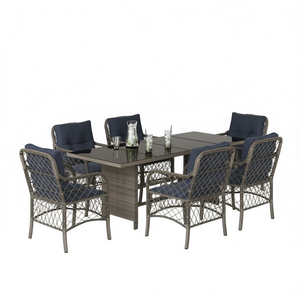 Set da pranzo da giardino in rattan blu navy e grigio, 6 posti, mobili da esterno contemporanei resistenti alle intemperie - Product Image 1