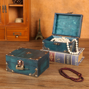 Vintage Wooden Jewelry <b>Box</b> With <b>Lock</b> And Hinge Blue Distressed Finish For Storage And Gift Use - Product Image 1