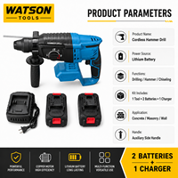 Marteau perforateur rotatif sans fil Watson Tools 20V avec 2 batteries, chargeur et mallette de transport, moteur sans balais, haute puissance, durable