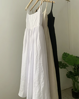 Robe longue en lin pur écologique pour femmes, bretelles spaghetti, col carré, avec poches, doublée, robe d'été pour les vacances