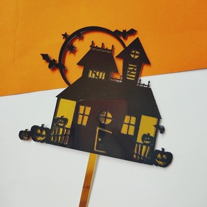 <span class=keywords><strong>Happy</strong></span> Halloween Noir et Jaune Acrylique Château Maison Arbre Démon Cimetière & Toile D'araignée Gâteau Topper pour Halloween Gâteau Décoration - Product Image 5