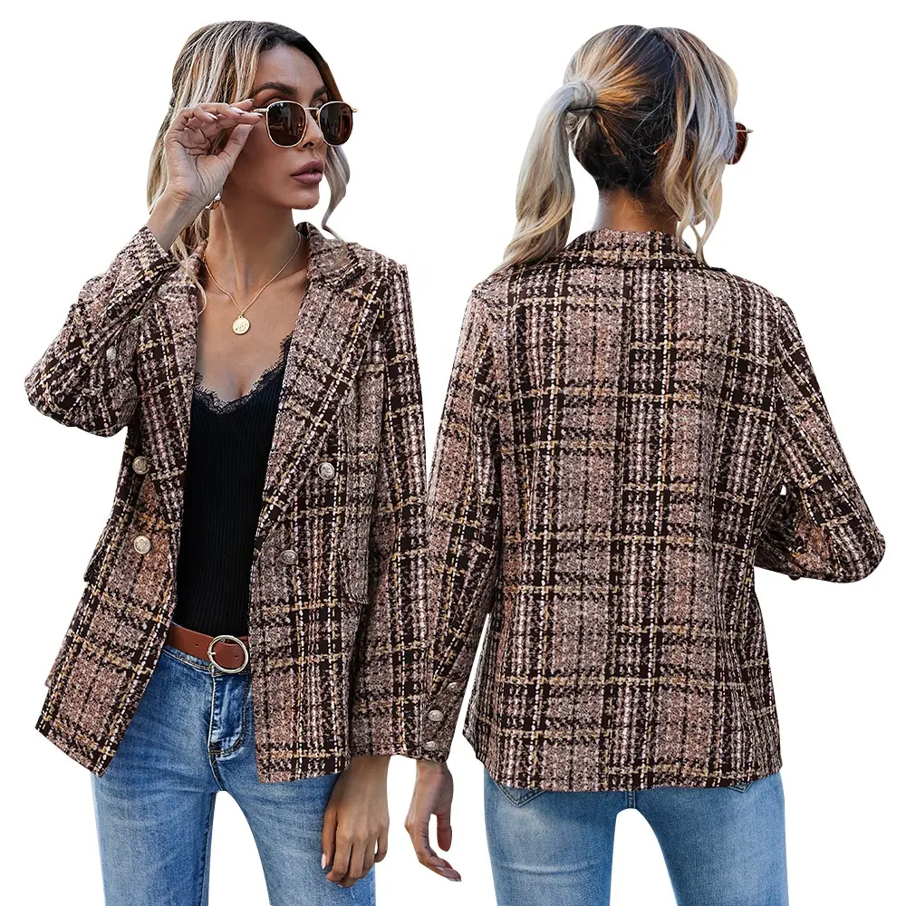 New Women's Long Sleeve Double-Breasted Printed Blazer Elegant Down-Filled Woven Coat Winter Fashion Women's Clothing Vendor