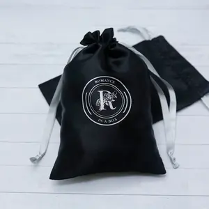 Tas Serut Satin Kustom untuk Kemasan Hadiah Perhiasan dengan Logo Satin Kantong Debu Satin Hitam