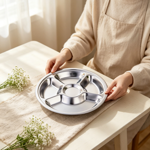 FLEY – Nouveauté : <span class=keywords><strong>Plateau</strong></span> de service rond en acier inoxydable à cinq compartiments épaissis pour cantines scolaires et restauration rapide - Product Image 1