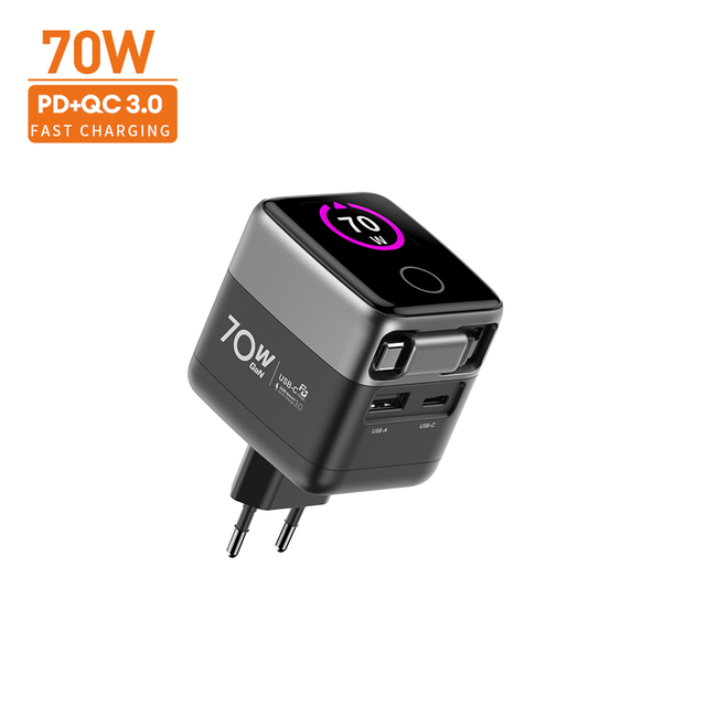 Vina New Trend 70W GaN Charger Built-in Extendable Cord AI Thermal Display Foldable Plug PD3.0 PPS Gaming Accessories