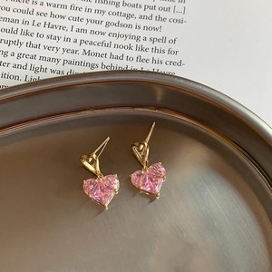 Heart-Shaped Pink Zircon Stud Earrings Gold Plated Copper 925 Silver Ear Post Everyday Wear - Product Image 4
