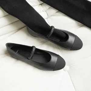 블랙과 골드 컬러 양말 커버 2024 새로운 메리 제인 신발 여성용 얕은 플랫 발레 신발 2024 신제품 신발